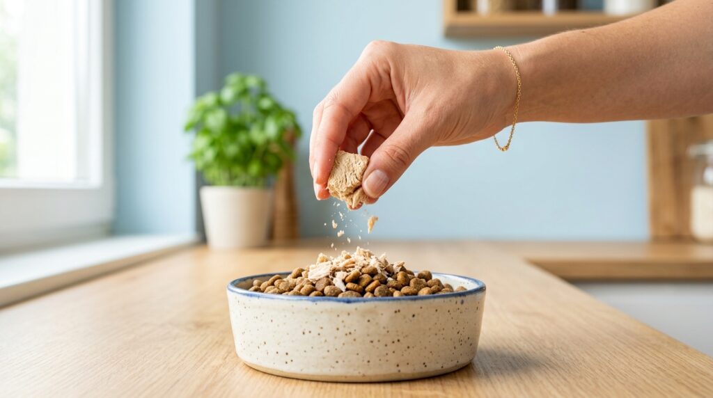 Person crumbling cat corner healthy snack frozen dried chicken cube