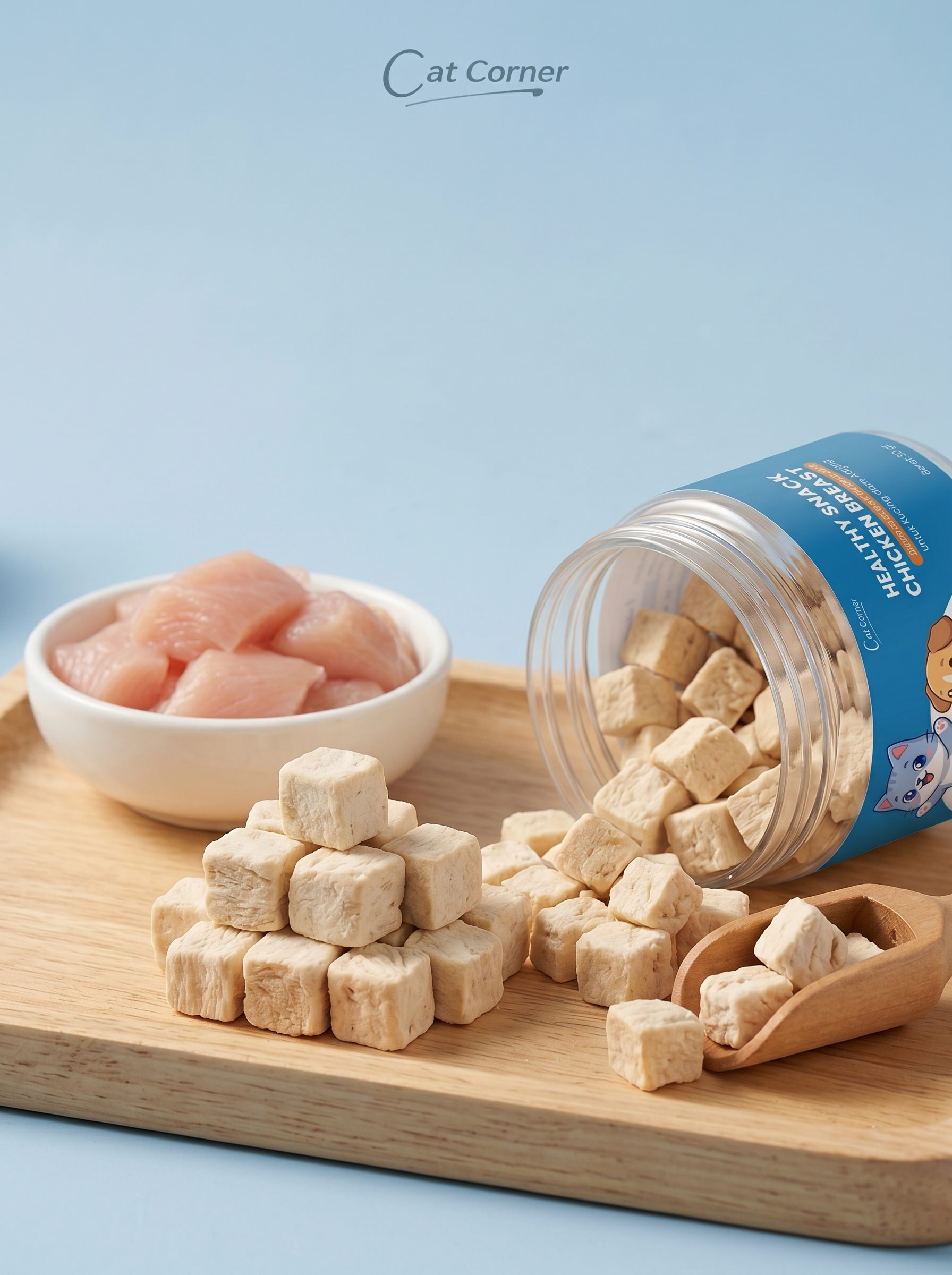 An opened container of Cat Corner Healthy Snack Freeze-Dried Chicken Breast Cemilan Kucing Anjing Dada Ayam