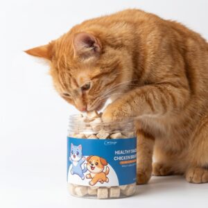 Kucing sedang mencoba mengambil sendiri dan memakan langsung snack ayam freeze dried langsung dari toplesnya