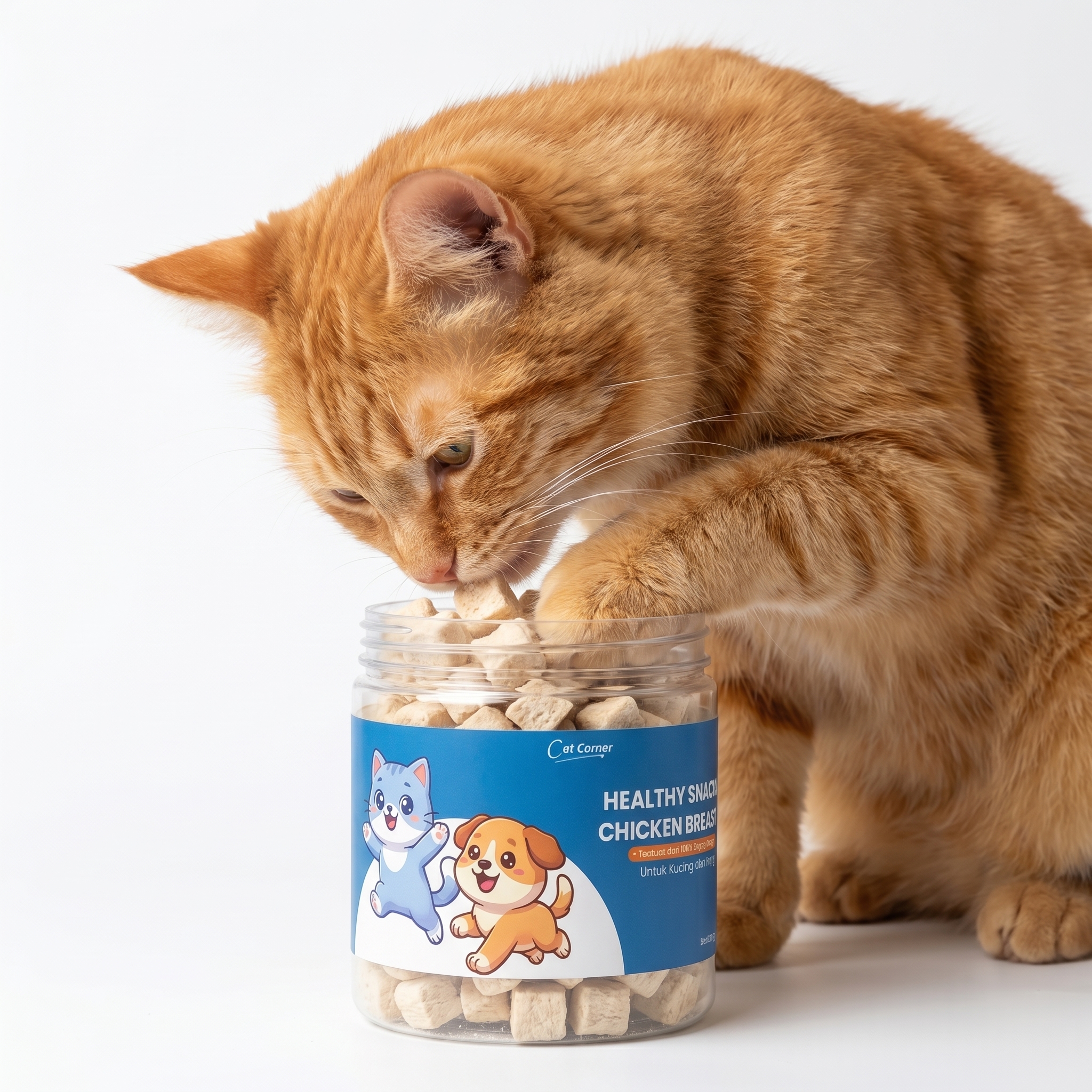 Kucing sedang mencoba mengambil sendiri dan memakan langsung snack ayam freeze dried langsung dari toplesnya