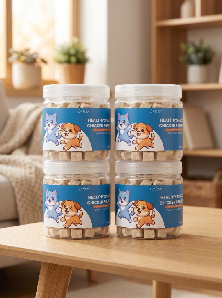 Product photography, 4 times the referenced pet snack jar, with frozen-dried chicken breast cube inside, on top of clean modern table, cozy home background, photo taken from the front, vibrant colors, soft lighting, high resolution, hyper realistic, highly detailed, sharp focus, commercial photography, professional product photographer, stunning photography, trending in art station, behance award winning photography, instagram story, advertising photography, beautiful, aesthetic, minimalistic, modern, sleek, shot using Canon EOS R5 camera --ar 3:4 --v 7 --stylize 750