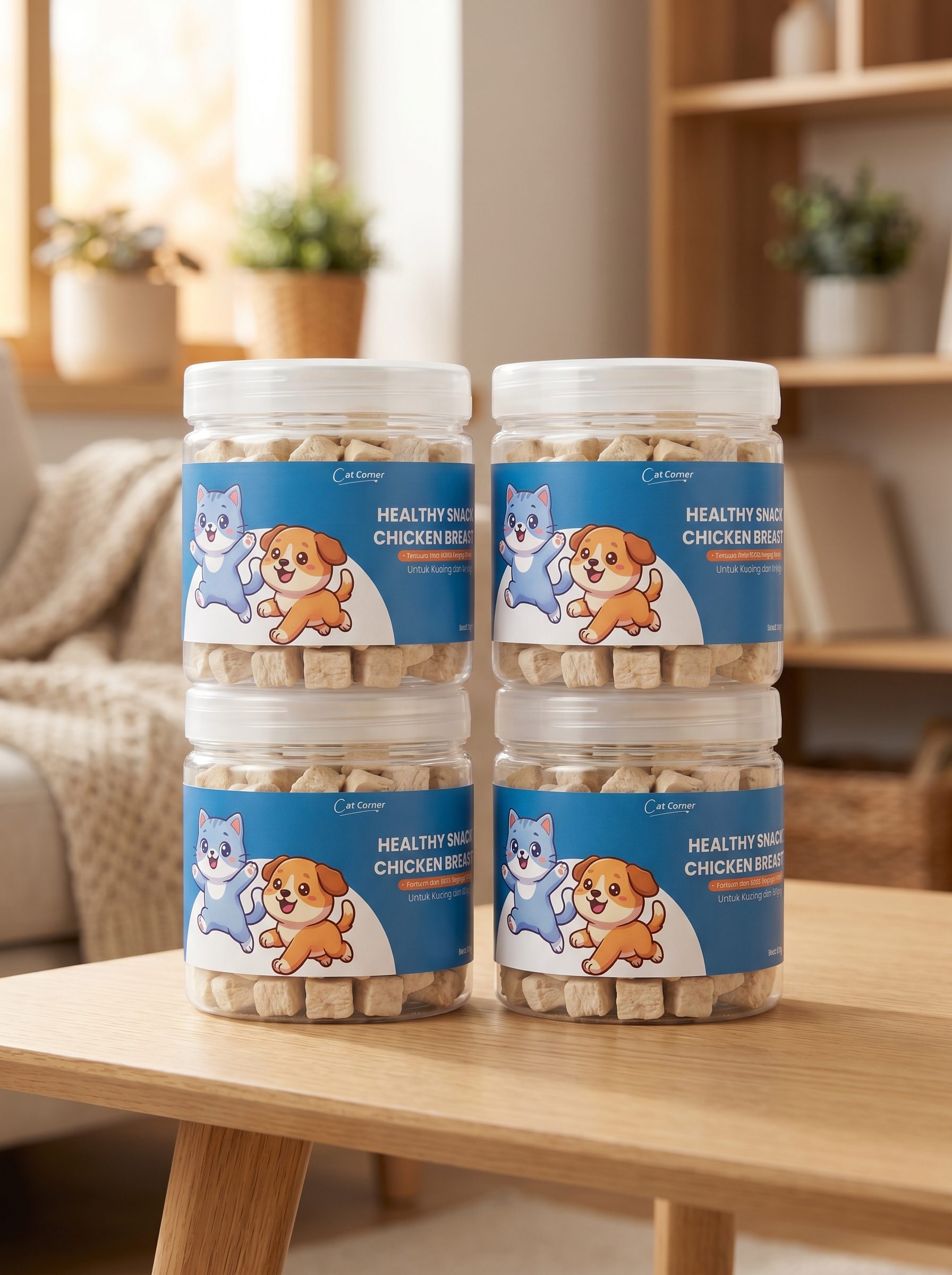 Product photography, 4 times the referenced pet snack jar, with frozen-dried chicken breast cube inside, on top of clean modern table, cozy home background, photo taken from the front, vibrant colors, soft lighting, high resolution, hyper realistic, highly detailed, sharp focus, commercial photography, professional product photographer, stunning photography, trending in art station, behance award winning photography, instagram story, advertising photography, beautiful, aesthetic, minimalistic, modern, sleek, shot using Canon EOS R5 camera --ar 3:4 --v 7 --stylize 750