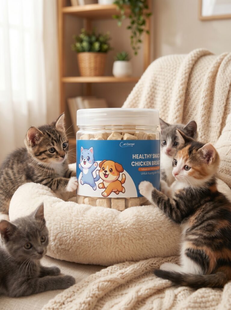 Product photography, cat corner pet snack jar, with frozen-dried chicken breast cube inside, on top of kitten bed surrounded by kittens, cozy home background, photo taken from the front, vibrant colors, soft lighting, high resolution, hyper realistic, highly detailed, sharp focus, commercial photography, professional product photographer, stunning photography, trending in art station, behance award winning photography, instagram story, advertising photography, beautiful, aesthetic, minimalistic, modern, sleek, shot using Canon EOS R5 camera --ar 3:4 --v 7 --stylize 750