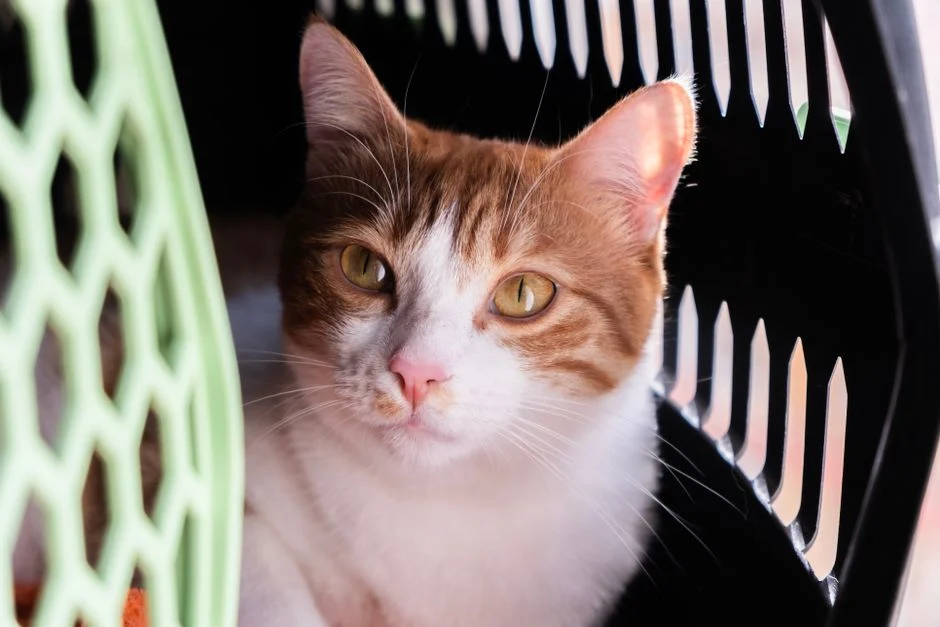 Kucing oranye putih beristirahat waspada di dalam pet carrier